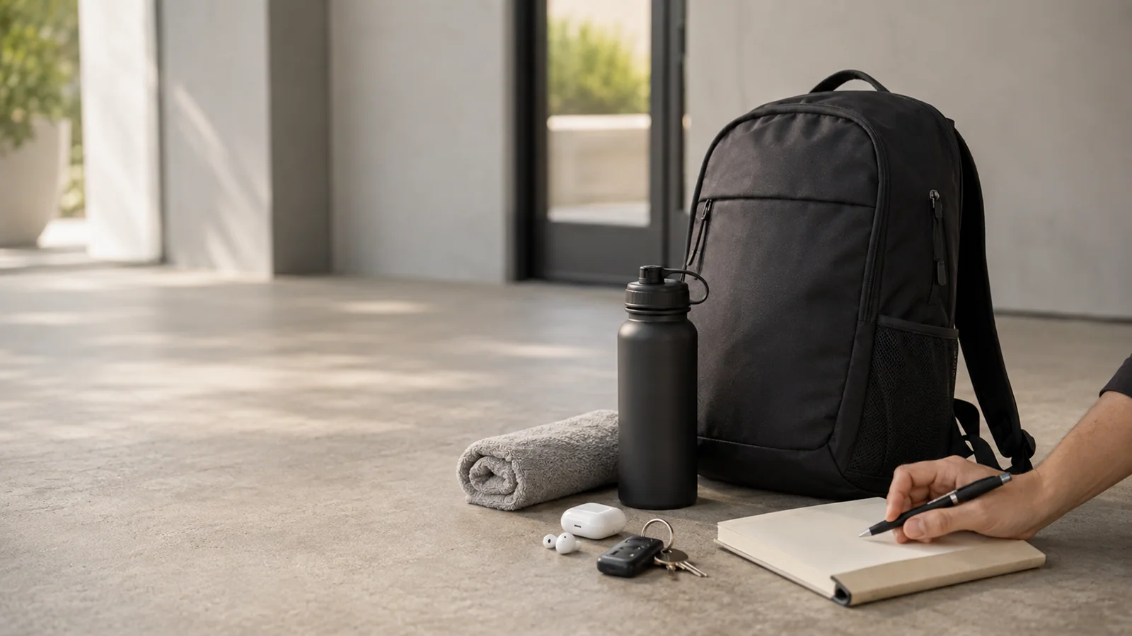 Sports bottle, active bag, and planning items arranged in a calm editorial setting for practical gear selection.