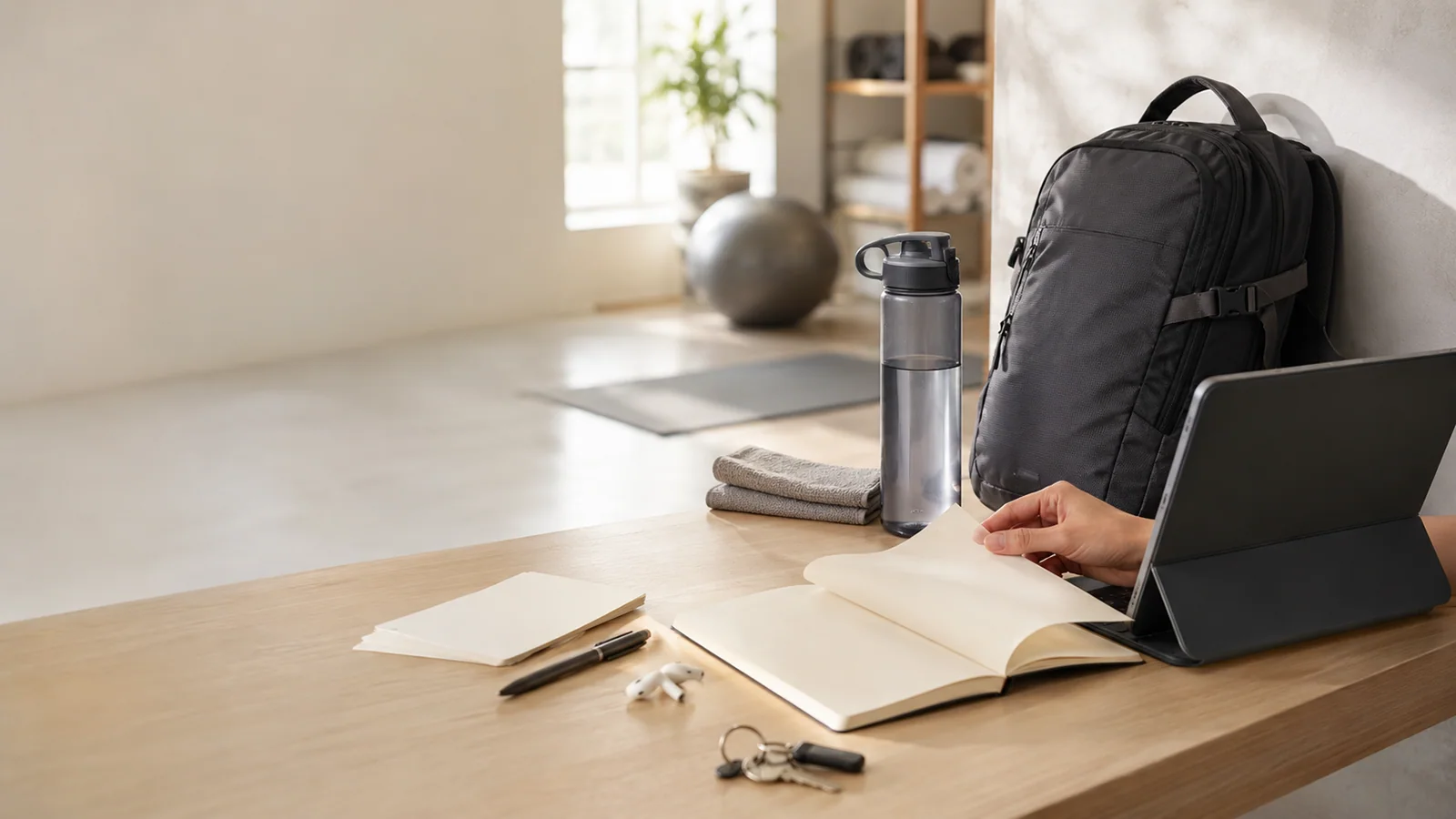 Sports bottle, active bag, and editorial browsing items arranged as an entry point to hydration, carry, and Journal articles.