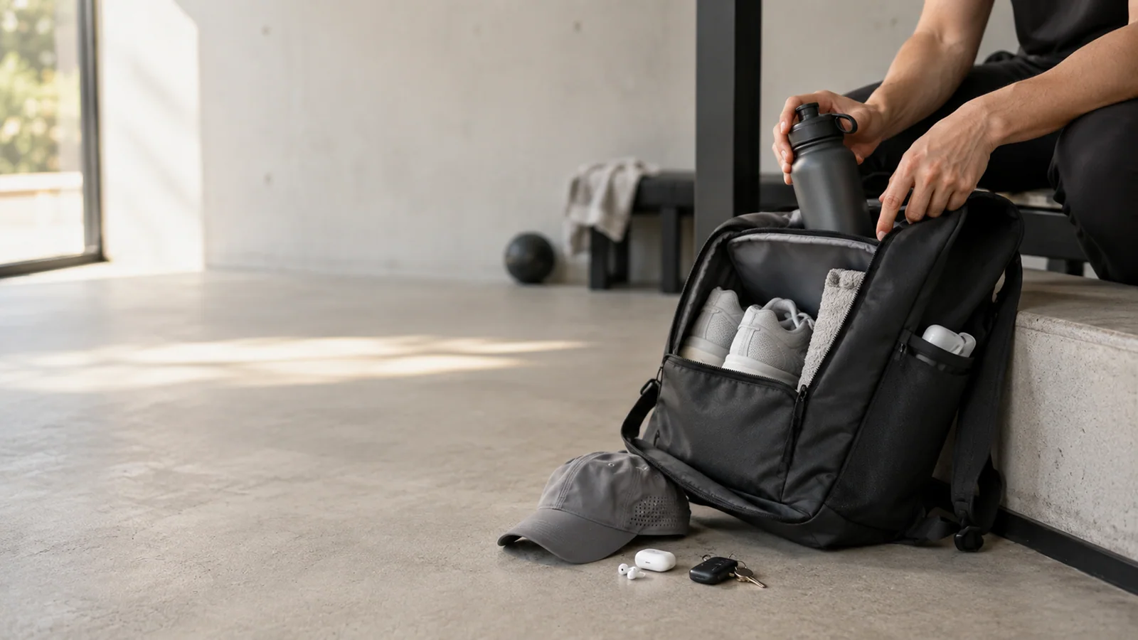 Organized sports bag with training essentials arranged for separation and easy access before a workout.