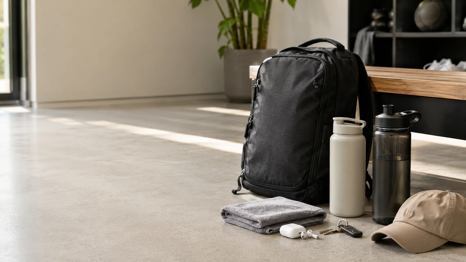 Sports bottles, an active bag, and everyday training accessories arranged as a clear overview of hydration and carry gear.