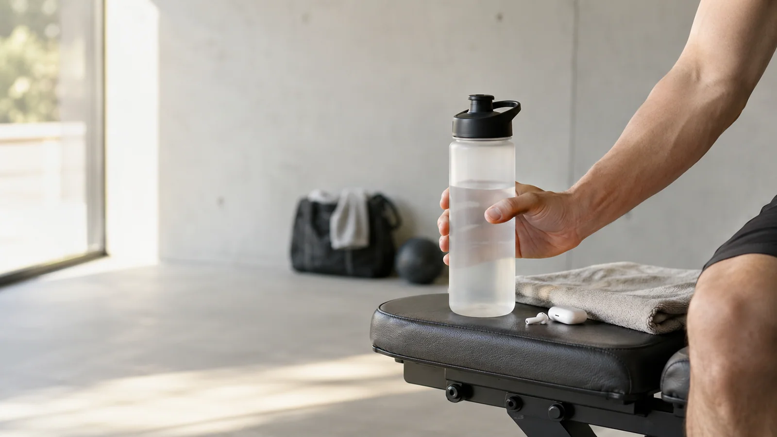 Sports water bottle being reached for beside a training bench during an active break.