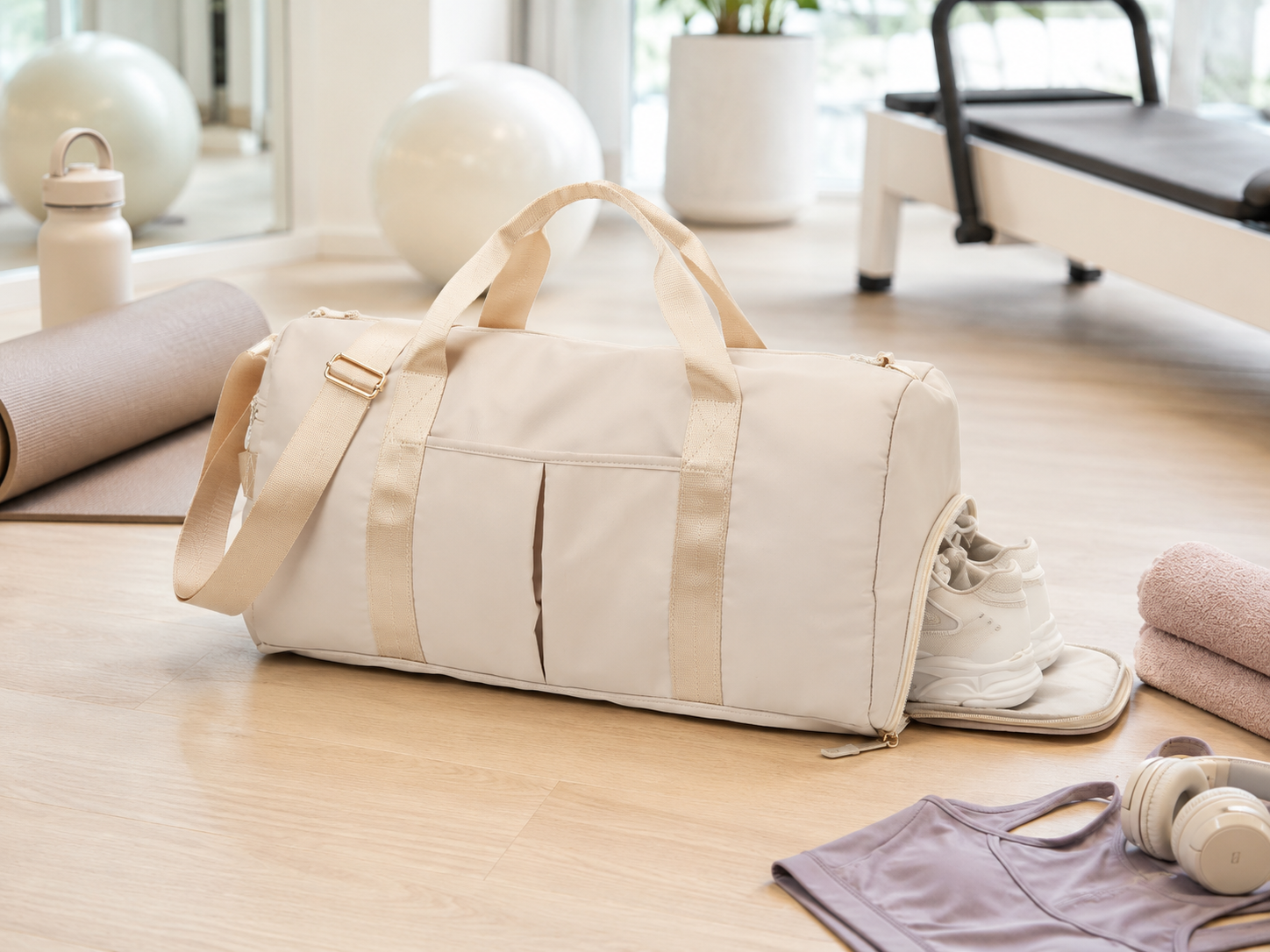 Beige studio duffel bag with side shoe-storage access in a workout space