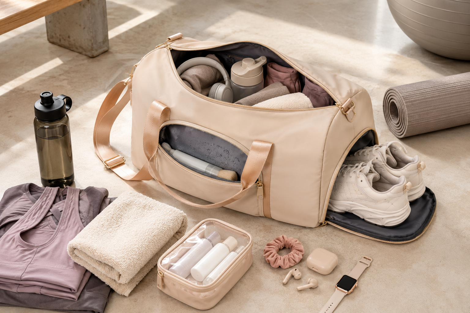 Studio duffel bag packed with shoes, clothing, towel, hydration, and small gym-day items
