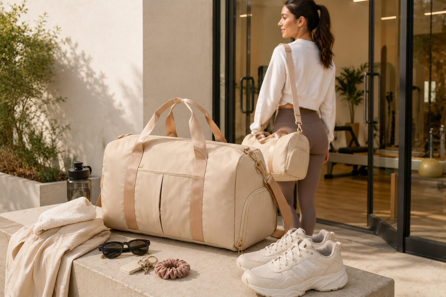 Studio duffel bag shown outside a gym for workout-to-weekend carry