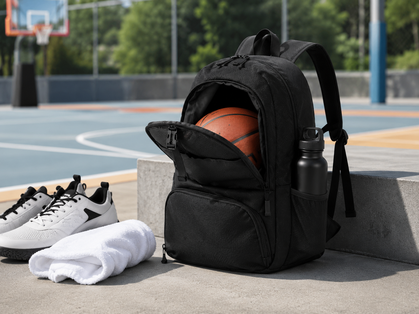 Black sports ball backpack opened to show a basketball at an outdoor court