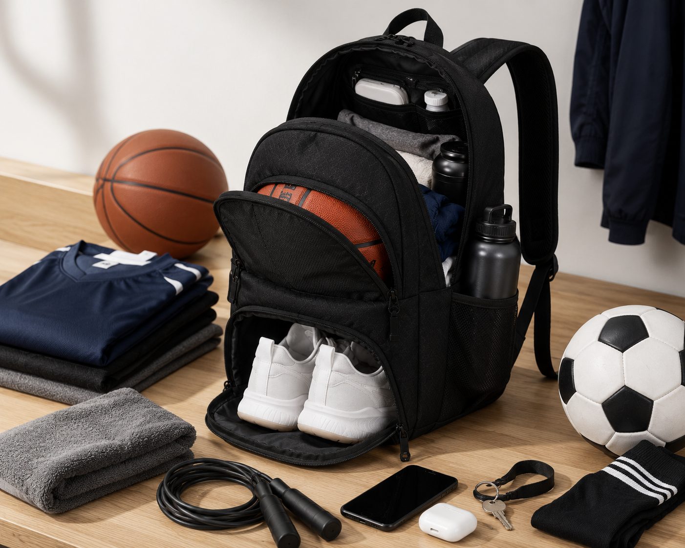 Collage showing sports-ball carry, shoe compartment, and organized interior storage
