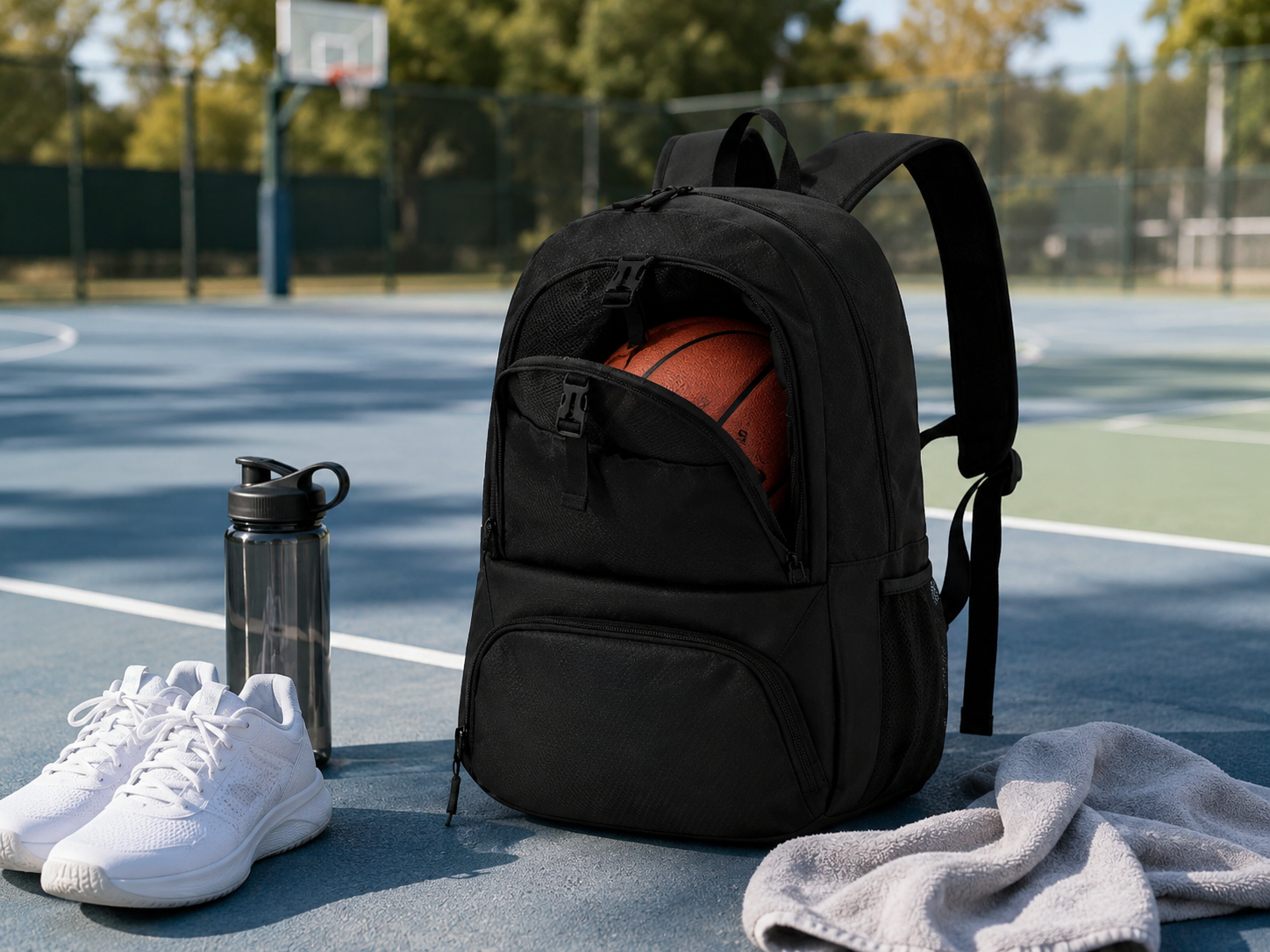 Sports ball backpack shown with shoes, towel, bottle, and team-sports items arranged nearby