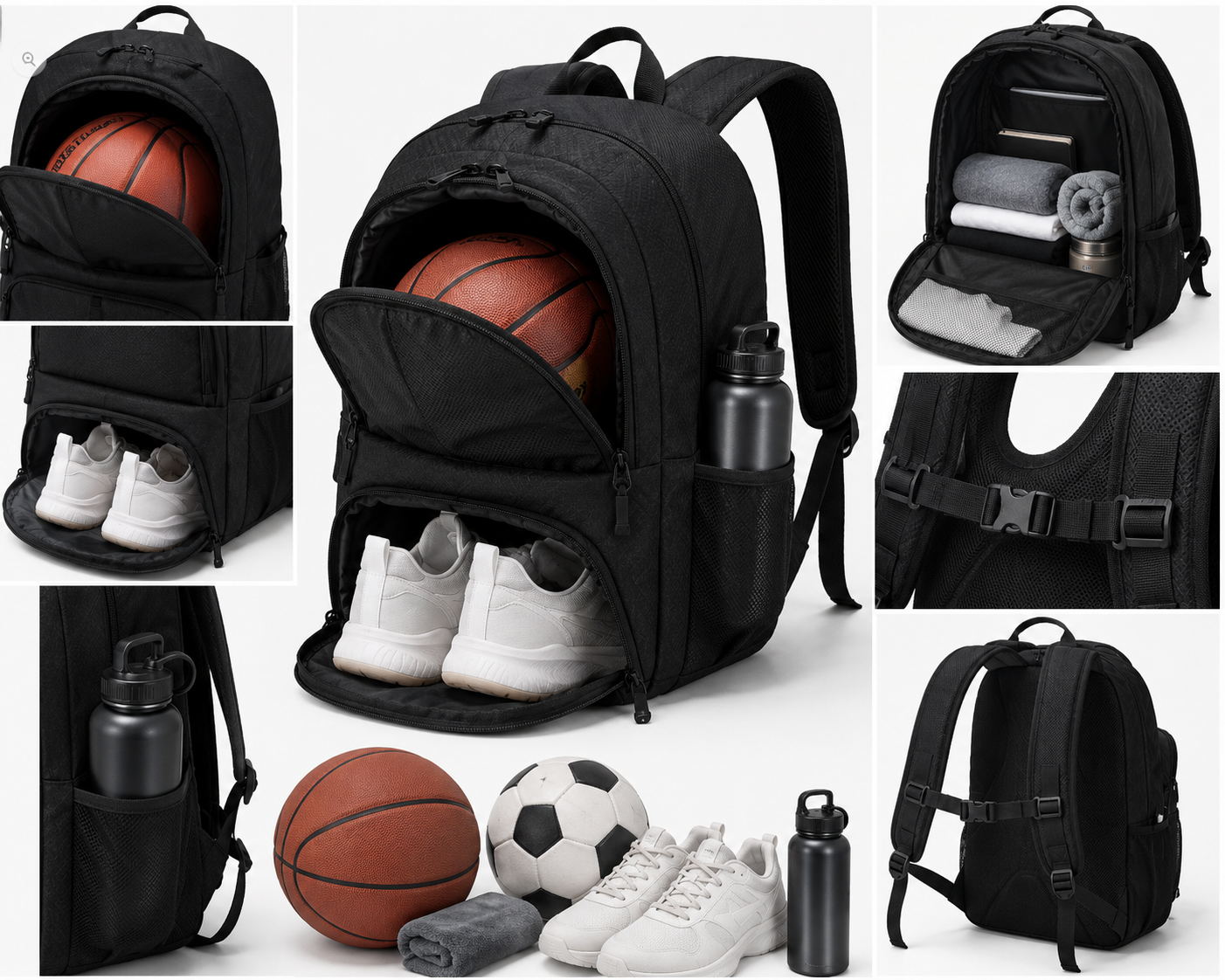 Collage showing the sports ball backpack with ball carry zone, shoe compartment, and organized storage details