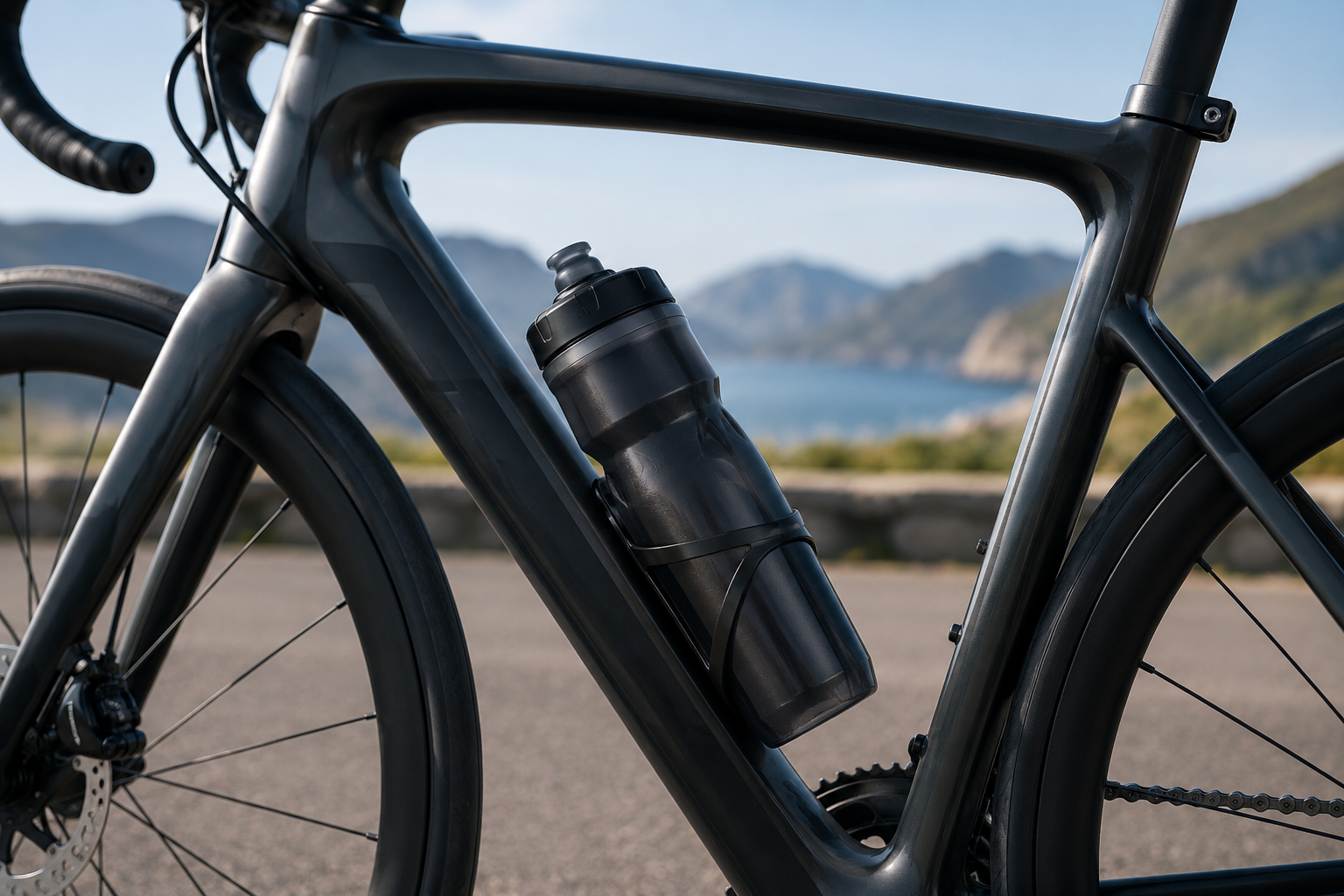 Insulated squeeze bike bottle positioned beside a bicycle for outdoor hydration
