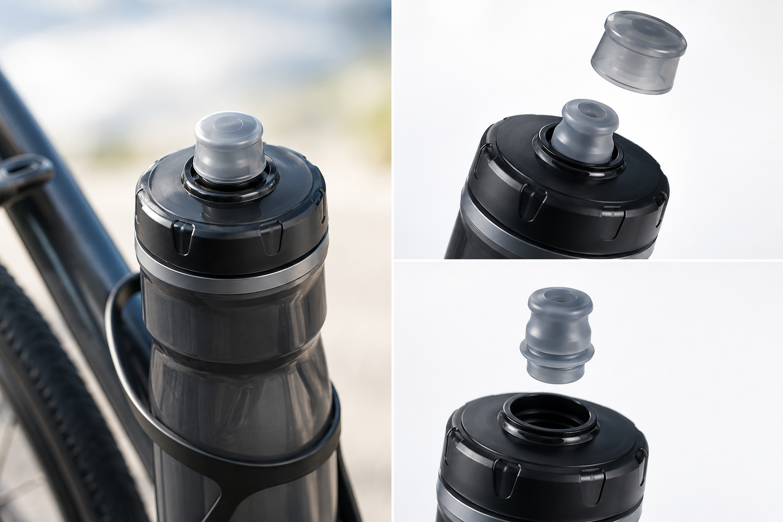 Close view of the squeeze nozzle and dust cap structure