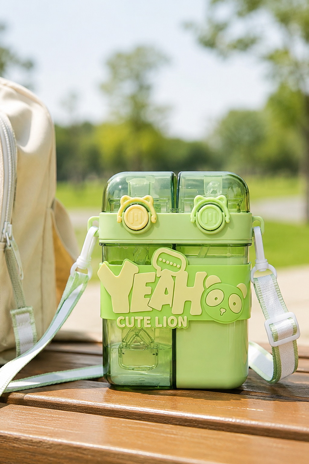 760ml two-compartment water bottle with a crossbody strap in an outdoor setting