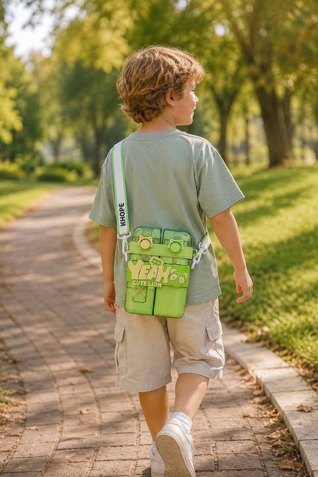Crossbody use of the two-compartment water bottle during a park walk