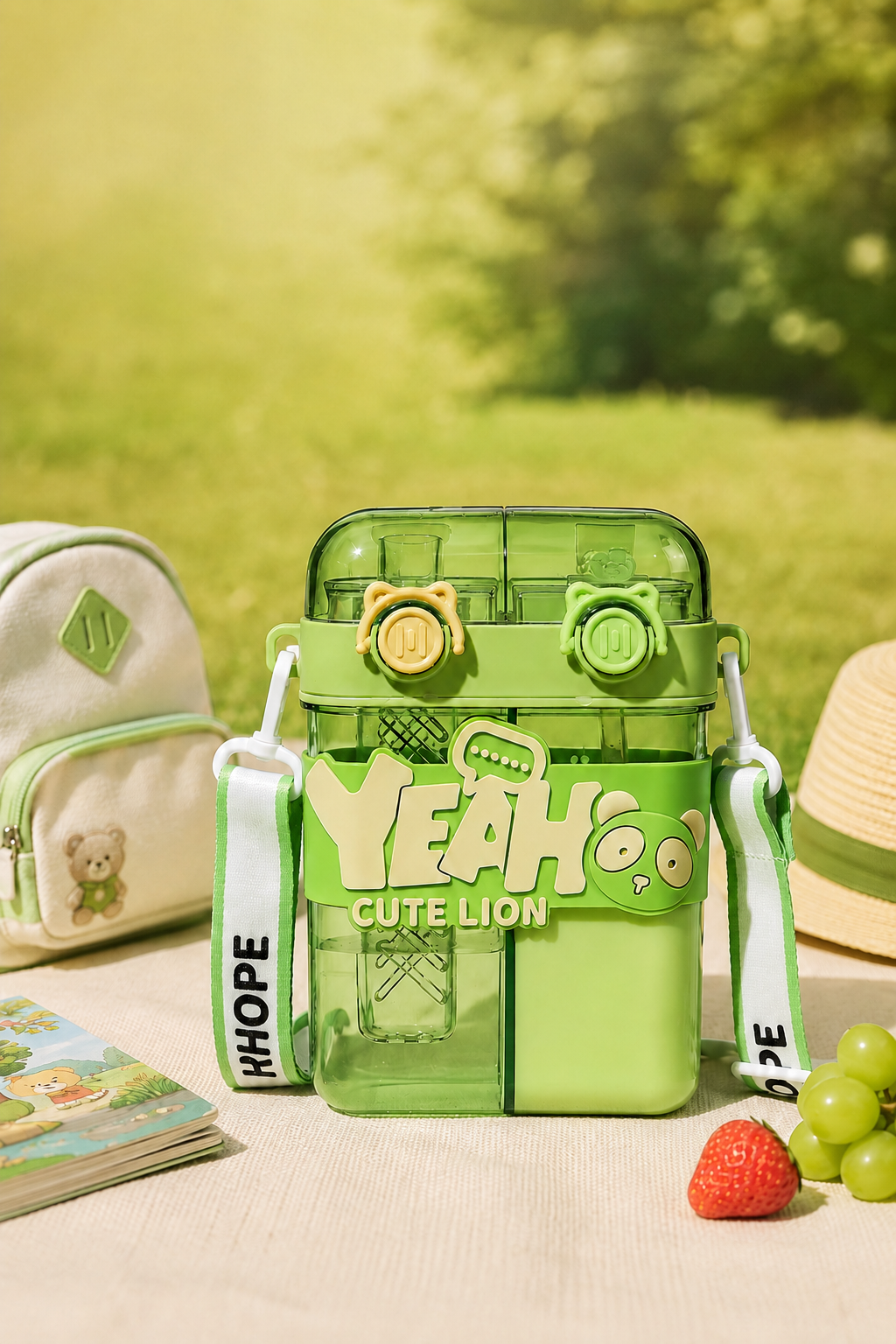 Two-compartment water bottle with crossbody strap used during a day out