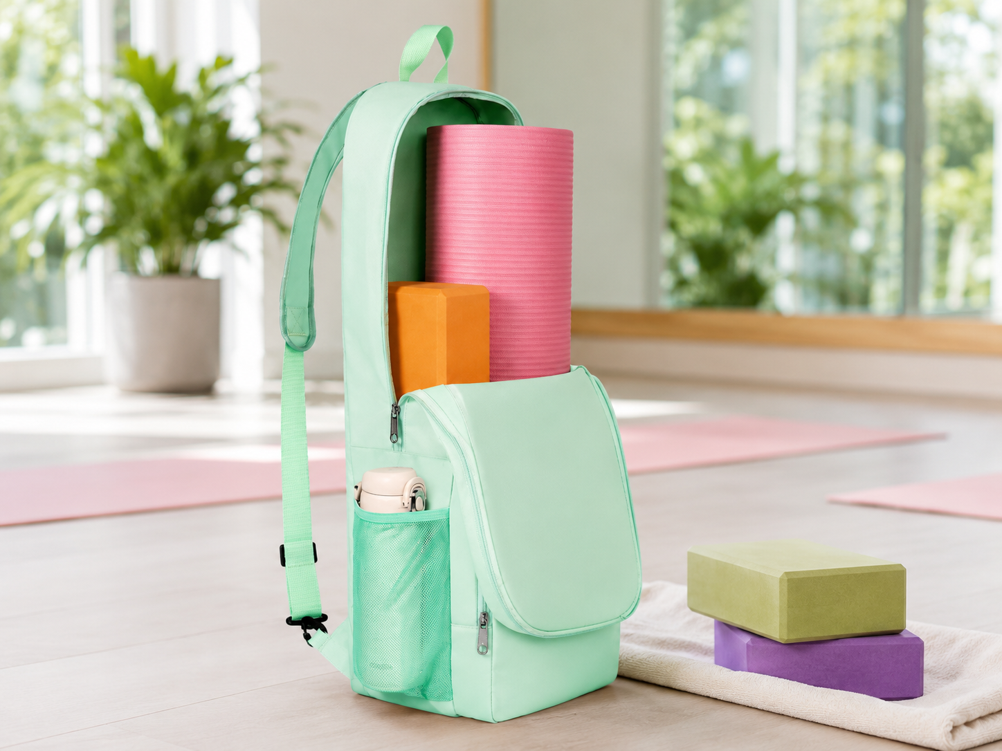 Convertible yoga mat backpack holding a mat and yoga block in a studio