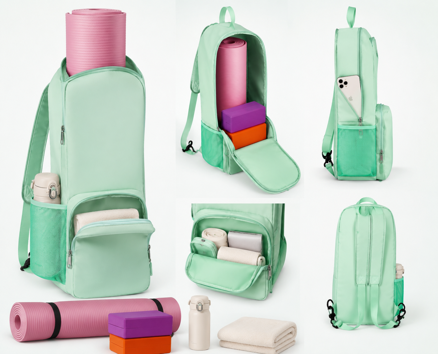 Collage showing the yoga mat backpack with mat, block storage, and accessory organization