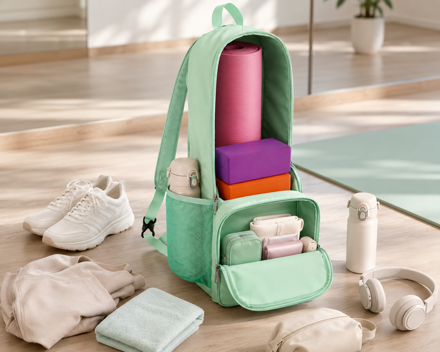 Yoga mat backpack shown with organized day-packing items in a studio setting