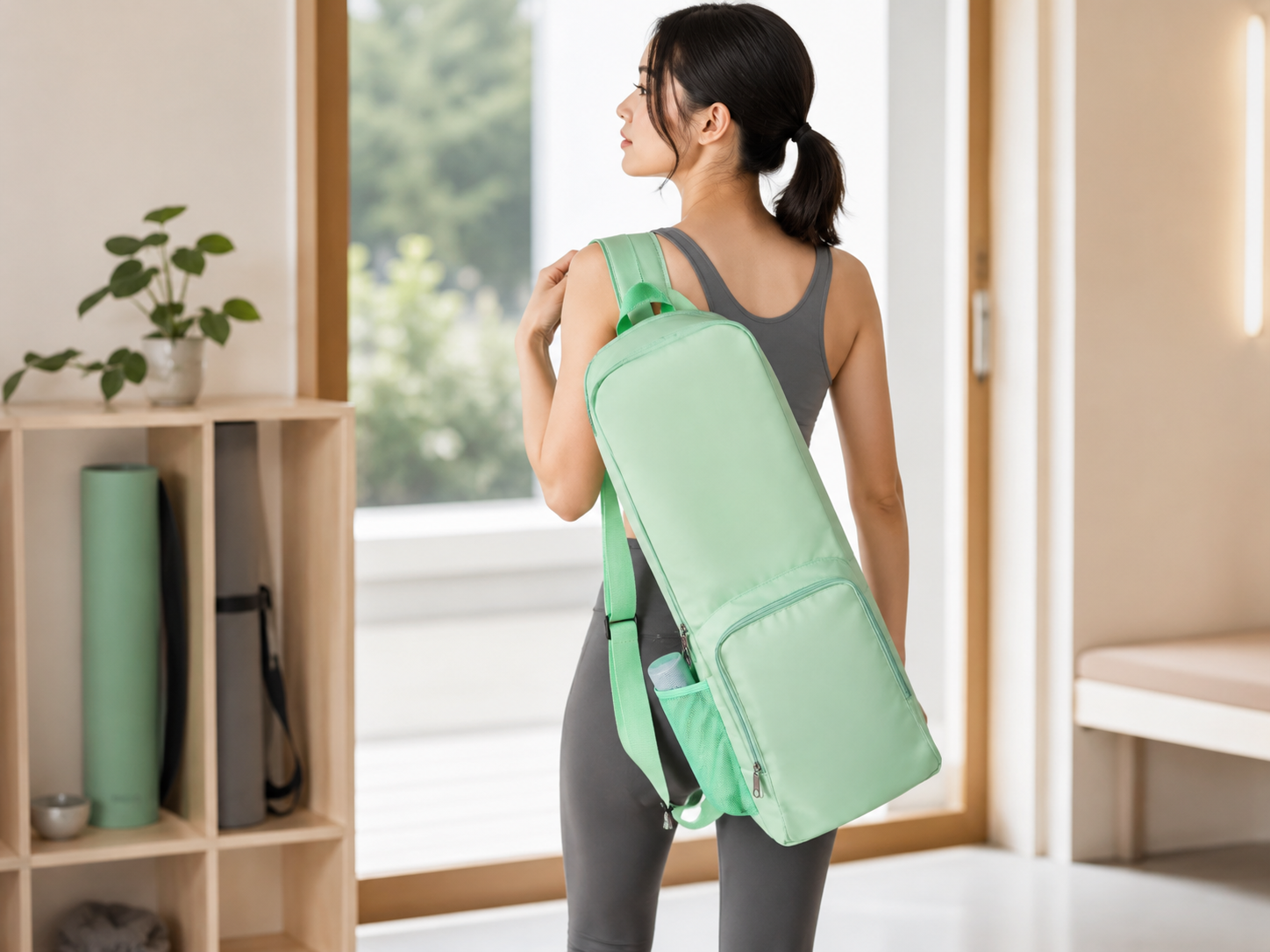 A person carrying the yoga mat backpack in a sling-style direction
