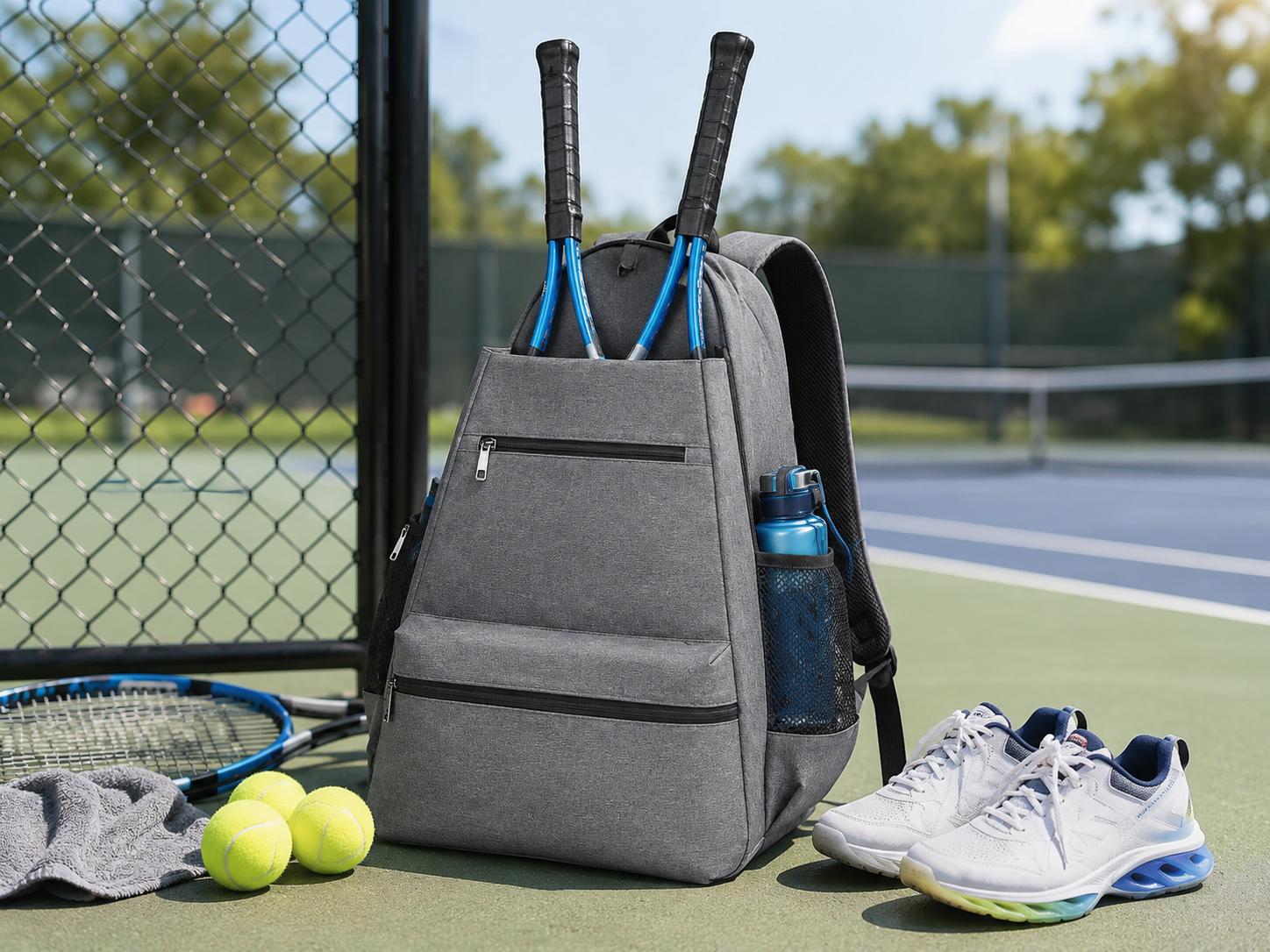 Large racket backpack set on a court with rackets, balls, and shoes