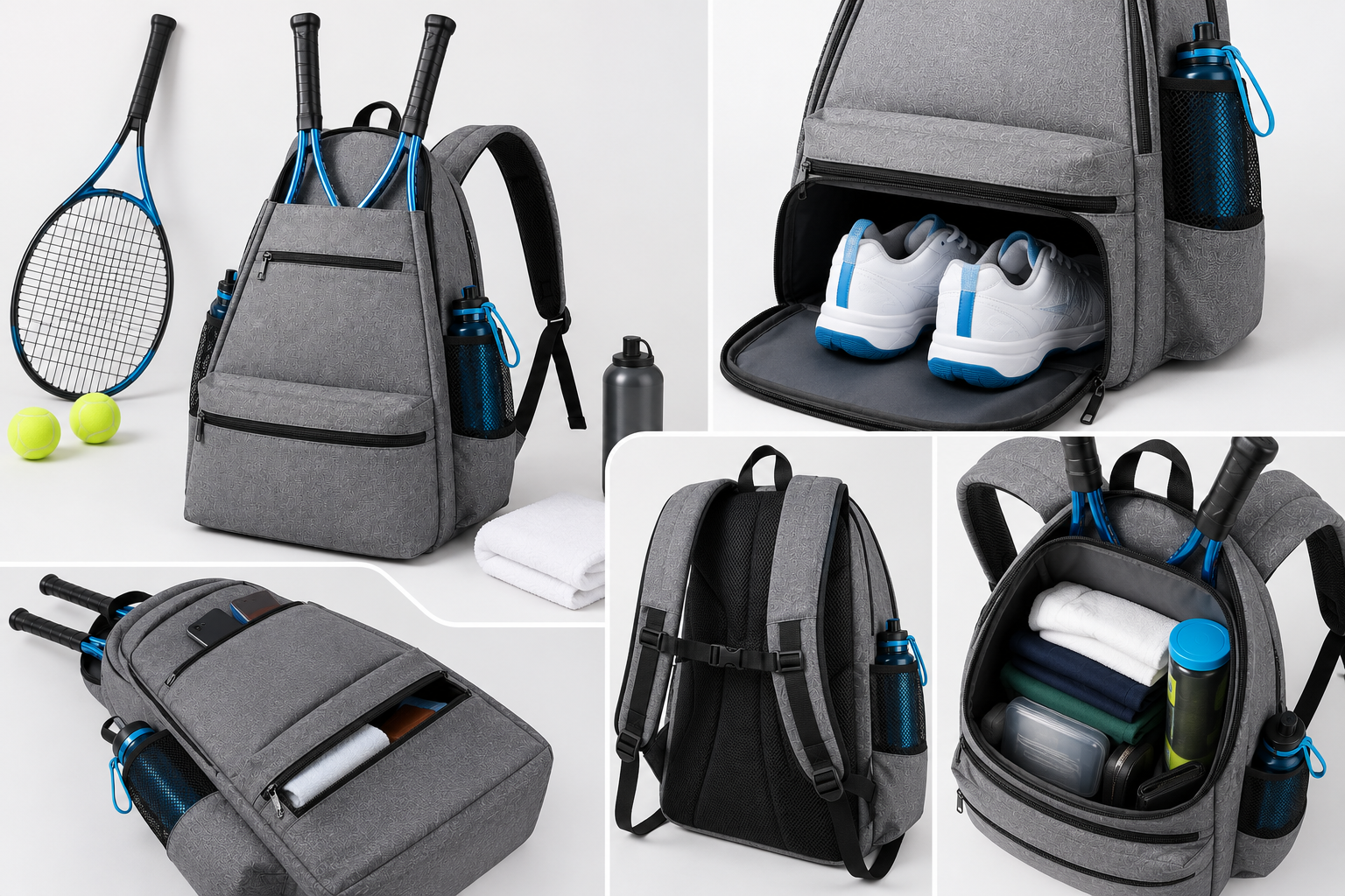 Collage showing racket carry, shoe compartment, and organized interior storage