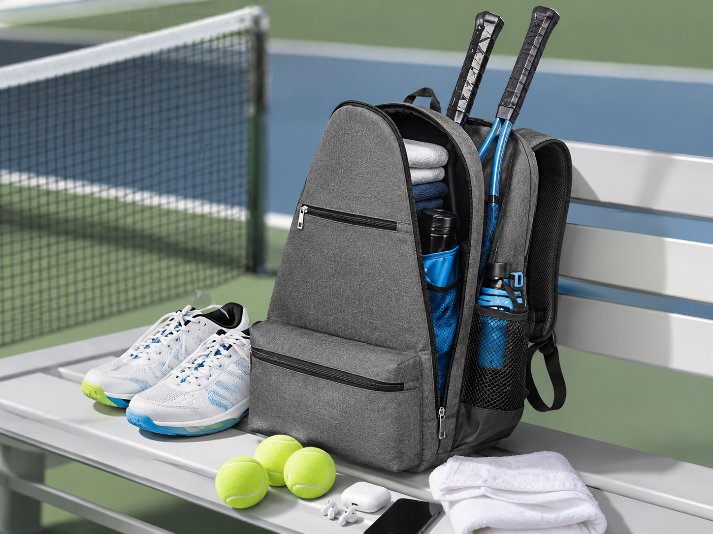 Large racket backpack with shoes, balls, towels, and training-day items arranged nearby