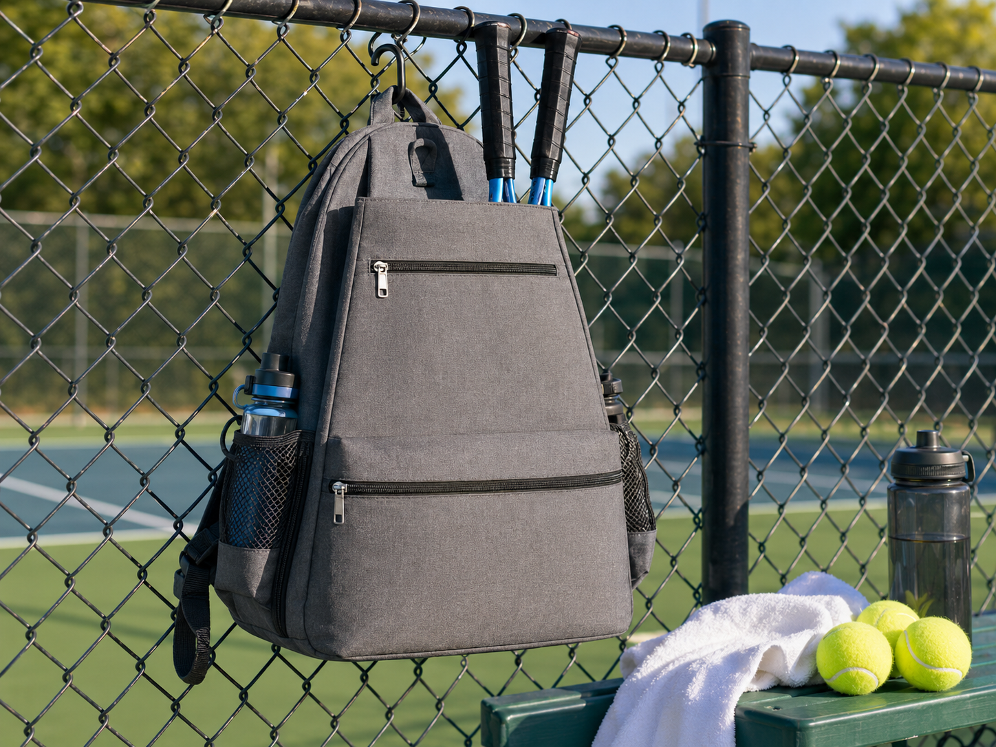 Large racket backpack hanging on a court fence beside practice items