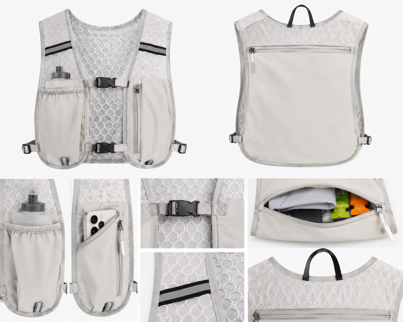 Product structure board showing the hydration vest front, back, and pocket layout