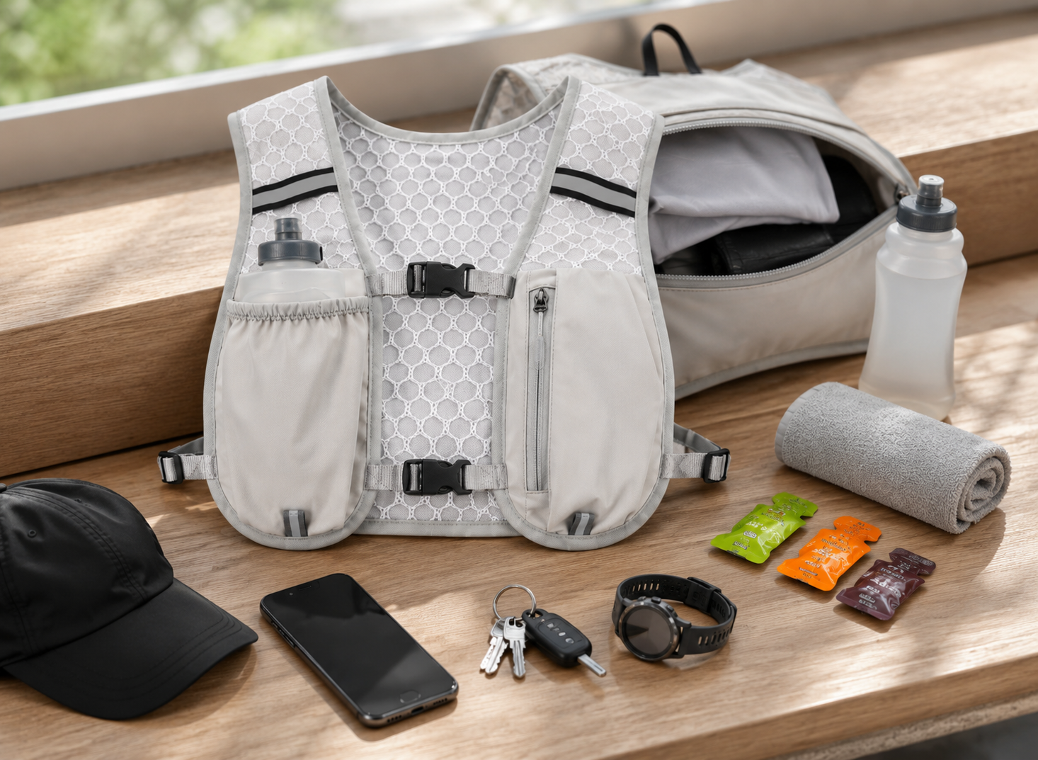 Hydration vest displayed with lightweight running essentials on a bench
