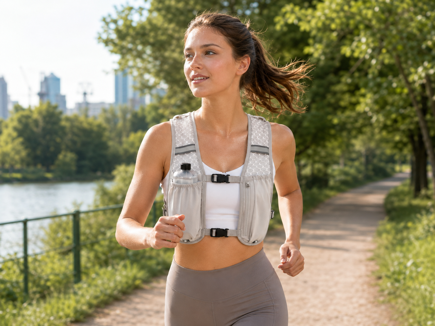 Runner moving along a path while wearing the hydration vest
