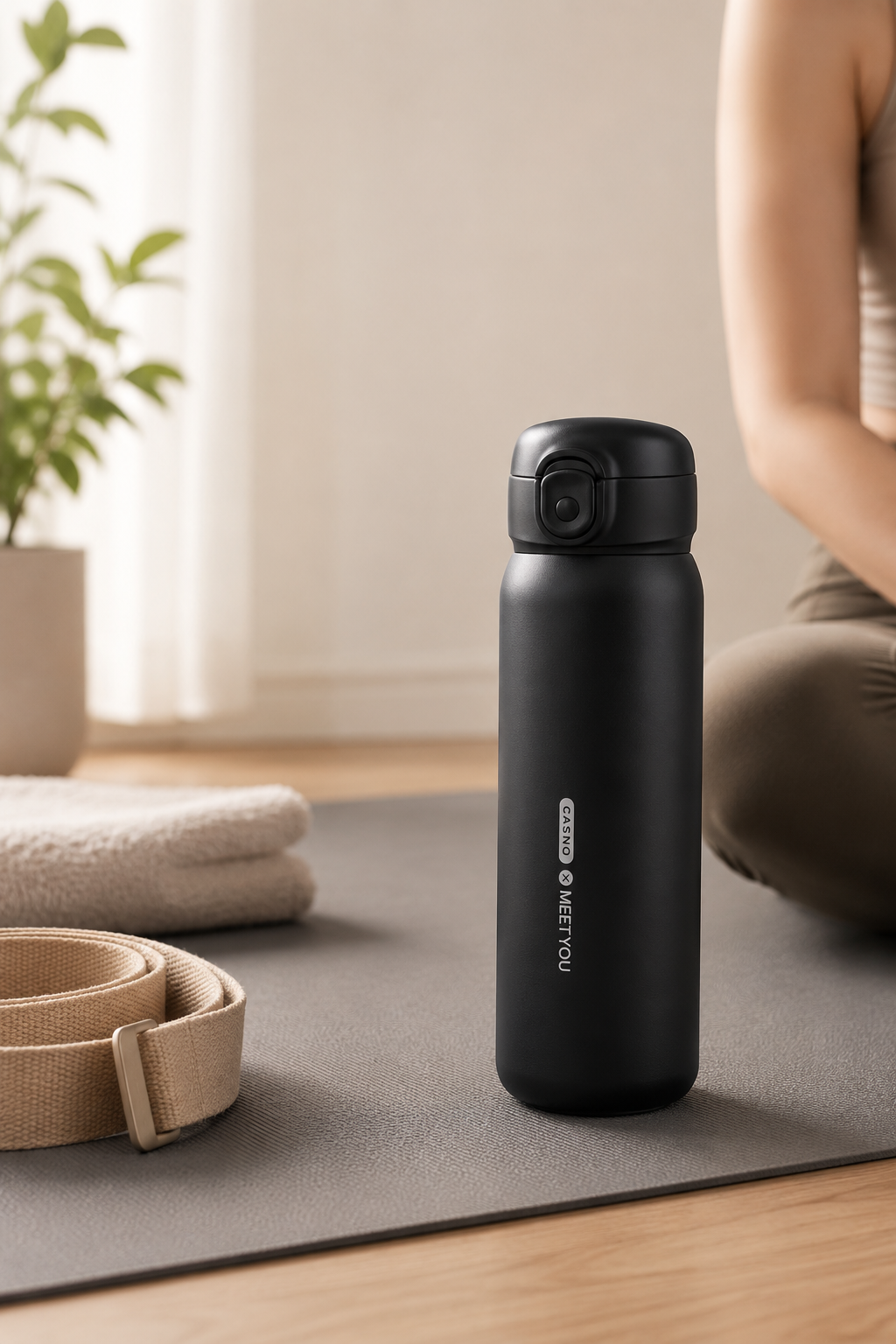 Black yoga water bottle positioned beside a mat in a calm indoor setting