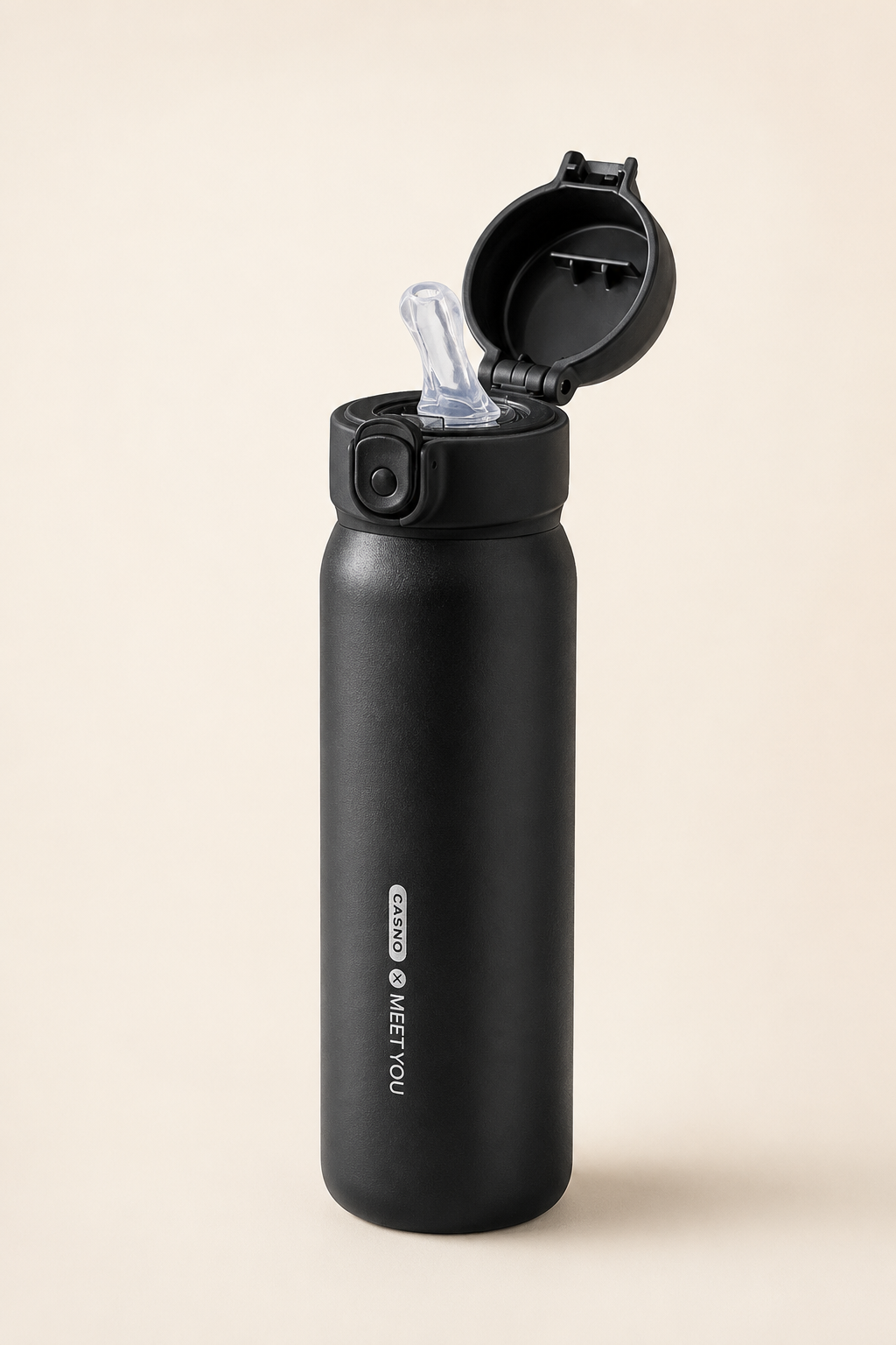 Open flip-top view of the yoga water bottle drinking structure