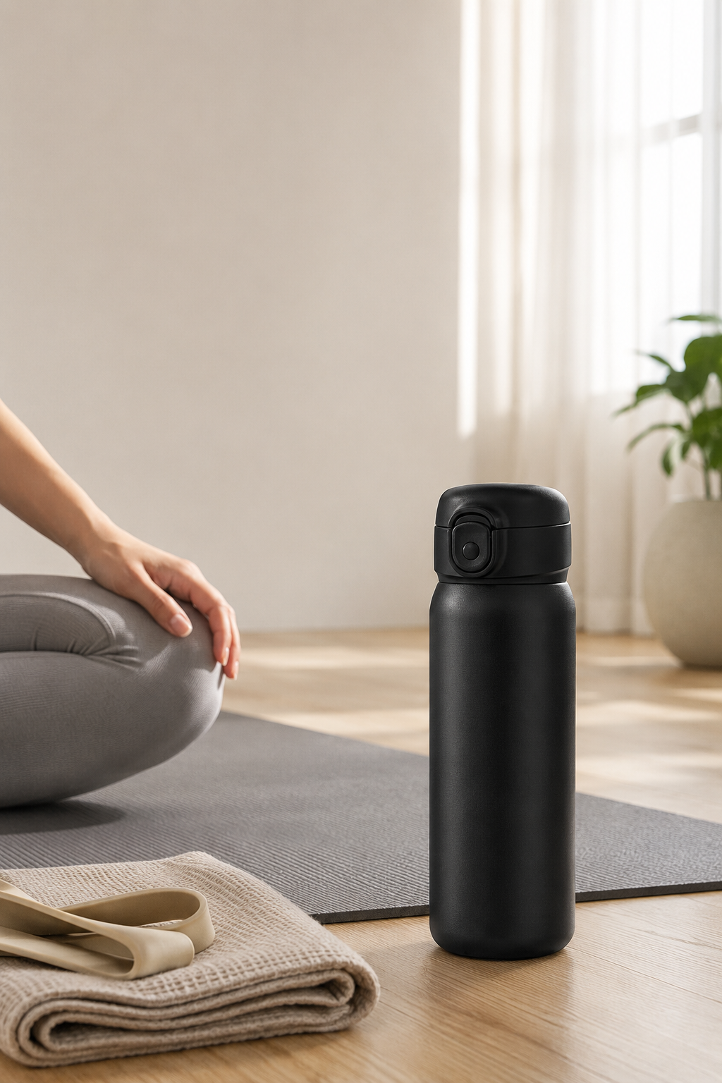 Yoga water bottle placed beside a mat during a calm stretching routine