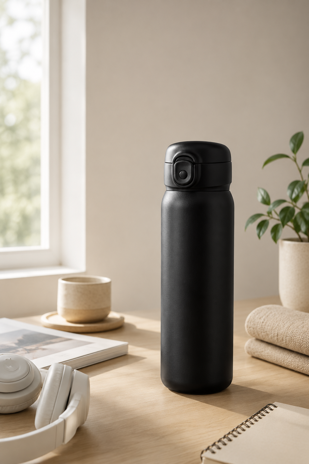 Black yoga water bottle in a calm everyday indoor hydration setting